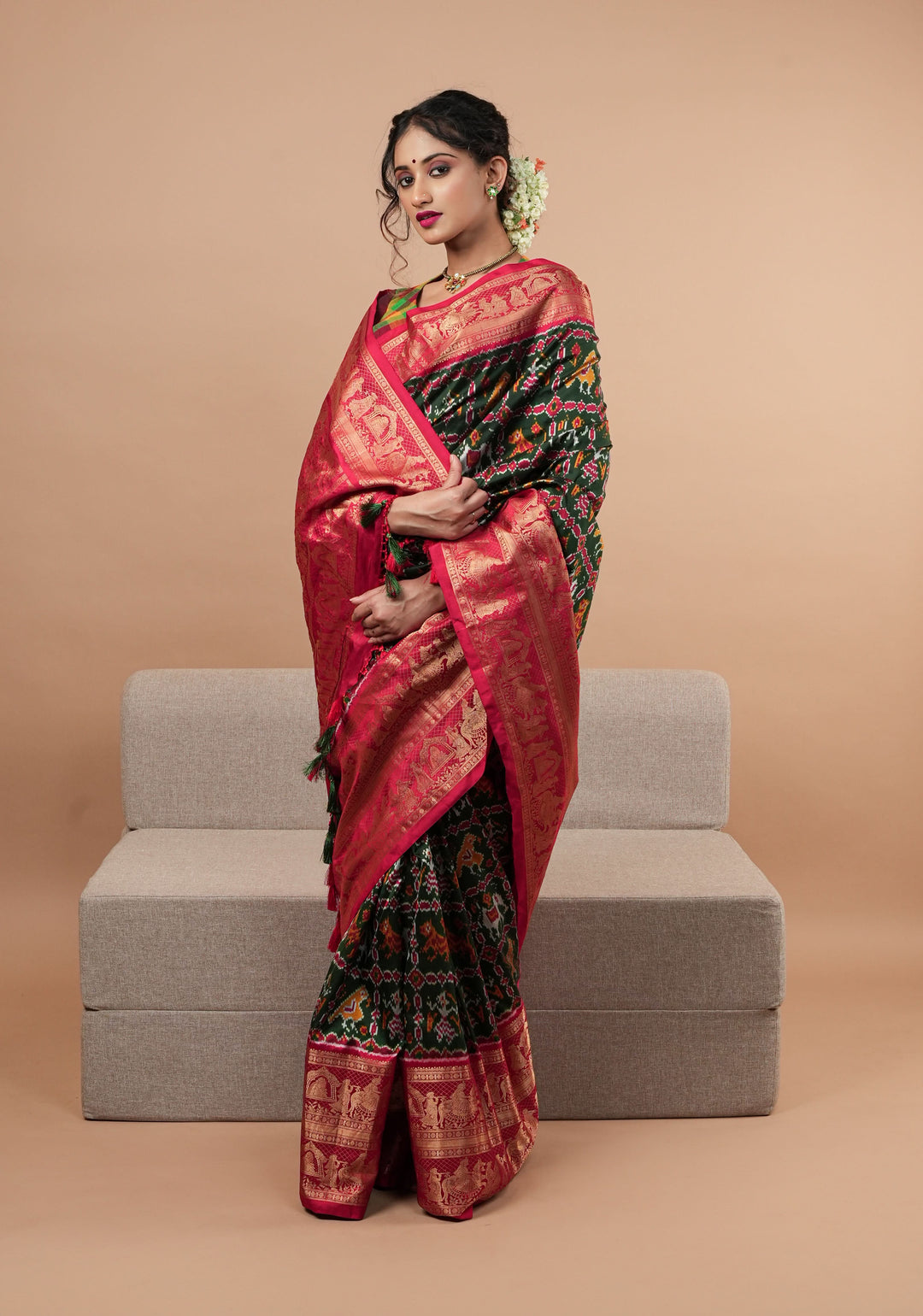 Exquisite Ikkat Kanjivaram Fusion Silk Saree in Deep Green with Grand Pallu and Wide Zari Border | SILK MARK CERTIFIED
