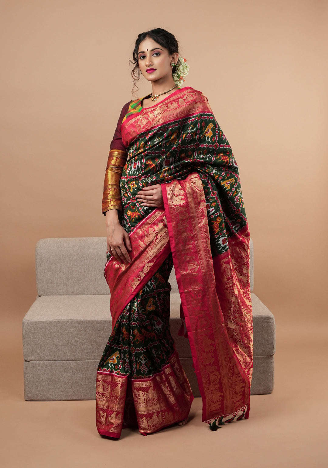 Exquisite Ikkat Kanjivaram Fusion Silk Saree in Deep Green with Grand Pallu and Wide Zari Border | SILK MARK CERTIFIED