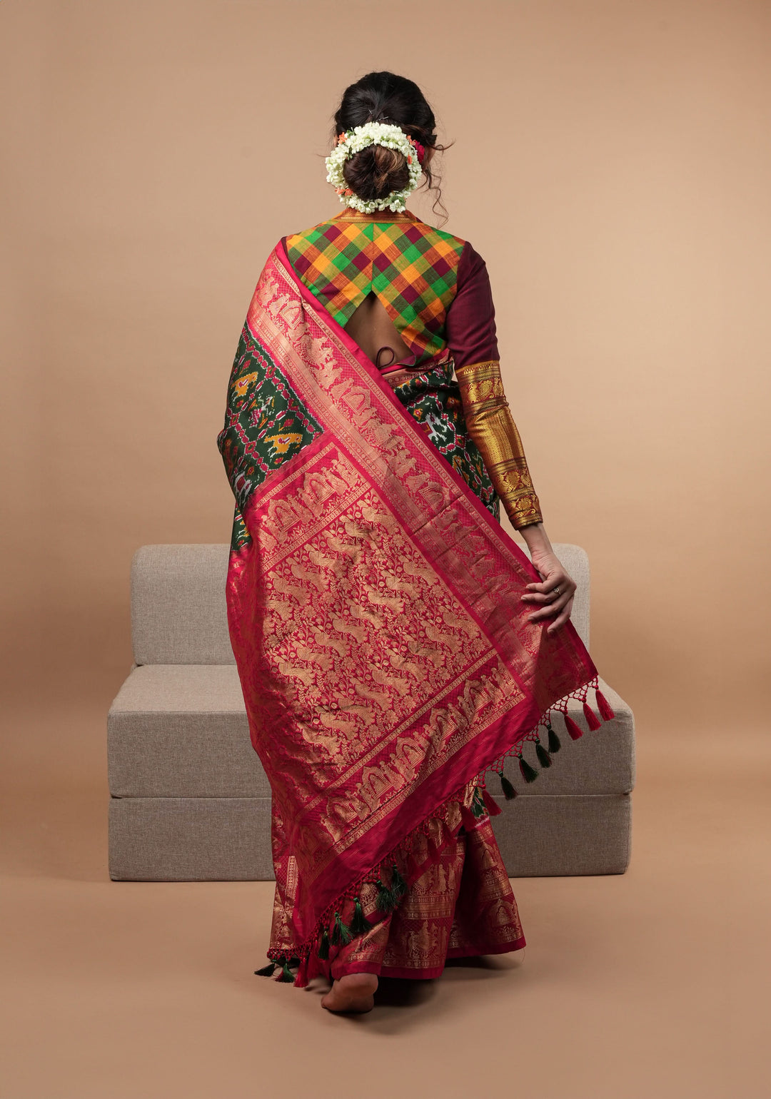 Exquisite Ikkat Kanjivaram Fusion Silk Saree in Deep Green with Grand Pallu and Wide Zari Border | SILK MARK CERTIFIED