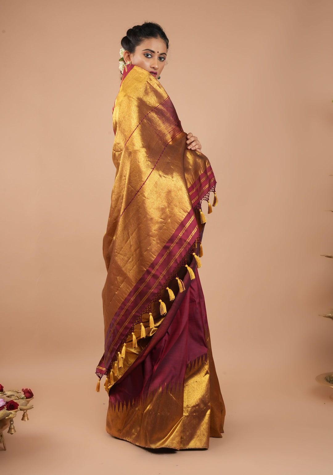 Celebrity design Rising Border Kanjivaram Pure Silk Saree in Maroon, Zari Border | SILK MARK CERTIFIED