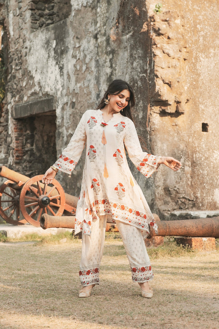 Red and Yellow Mughal Print Muslin Kurta Pant Coord Set-SET OF-2 | SHOBITAM