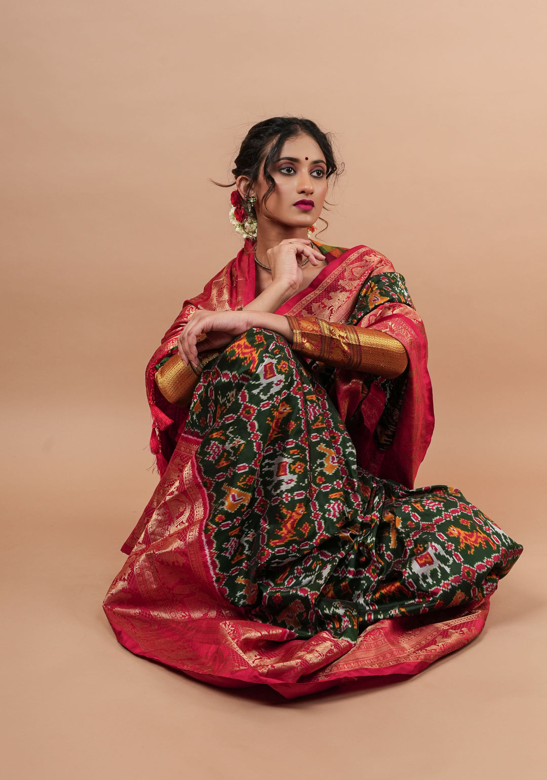 Exquisite Ikkat Kanjivaram Fusion Silk Saree in Deep Green with Grand Pallu and Wide Zari Border | SILK MARK CERTIFIED
