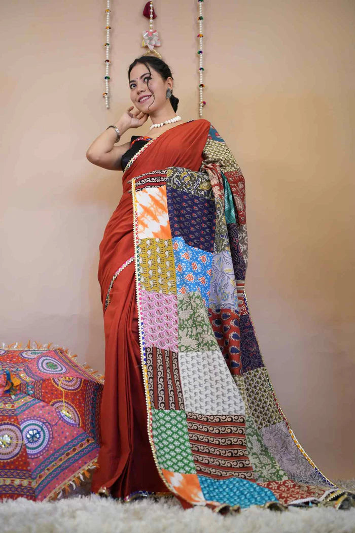 Designer Red Vibrant Patch Work Cotton Saree with Styles Tassels on Pallu Pure Cotton Ready To Wear Saree