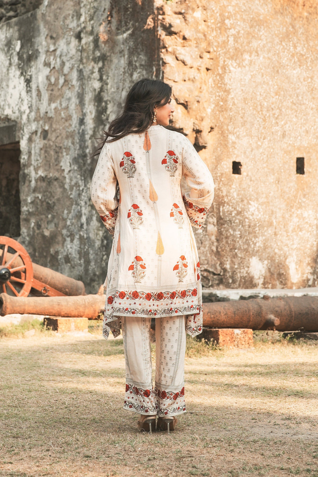 Red and Yellow Mughal Print Muslin Kurta Pant Coord Set-SET OF-2 | SHOBITAM