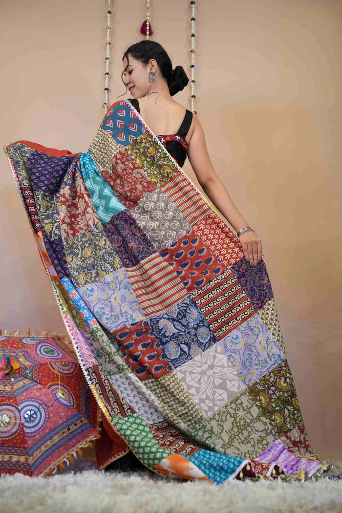 Designer Red Vibrant Patch Work Cotton Saree with Styles Tassels on Pallu Pure Cotton Ready To Wear Saree