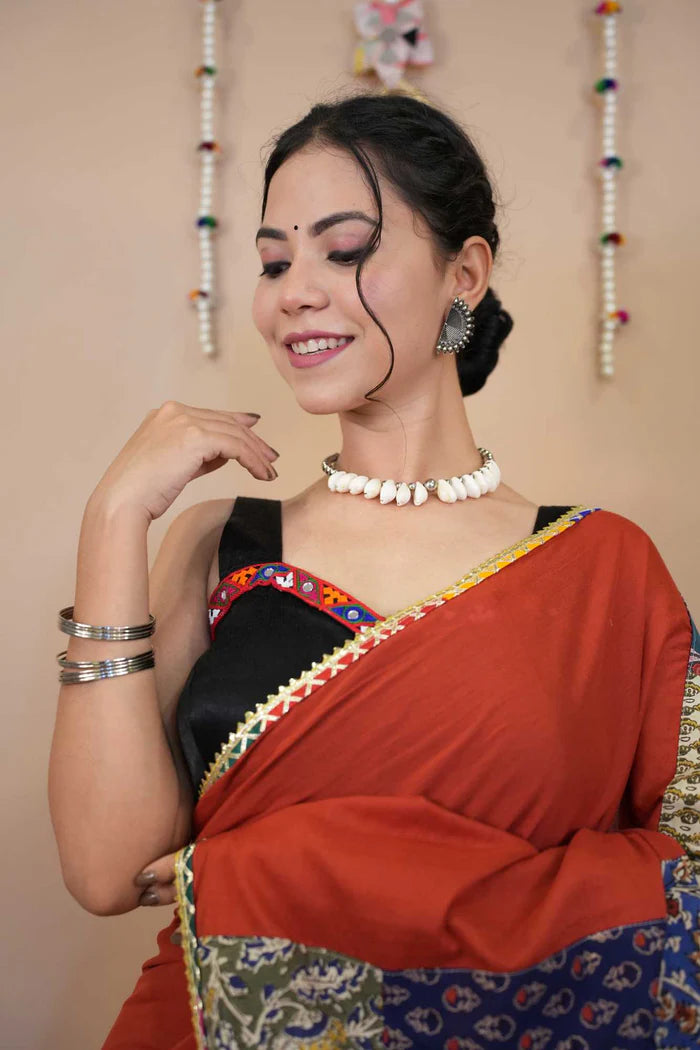 Designer Red Vibrant Patch Work Cotton Saree with Styles Tassels on Pallu Pure Cotton Ready To Wear Saree