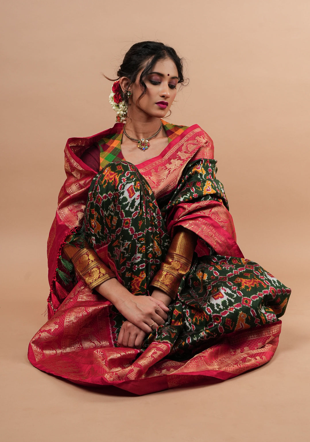 Exquisite Ikkat Kanjivaram Fusion Silk Saree in Deep Green with Grand Pallu and Wide Zari Border | SILK MARK CERTIFIED