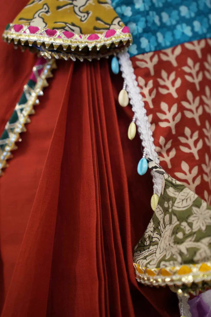 Designer Red Vibrant Patch Work Cotton Saree with Styles Tassels on Pallu Pure Cotton Ready To Wear Saree