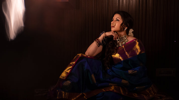 Peacock Blue Dual tone Self Brocade on Kanjivaram Pure Silk Saree with Damask Motifs and Zari Border | SILK MARK CERTIFIED