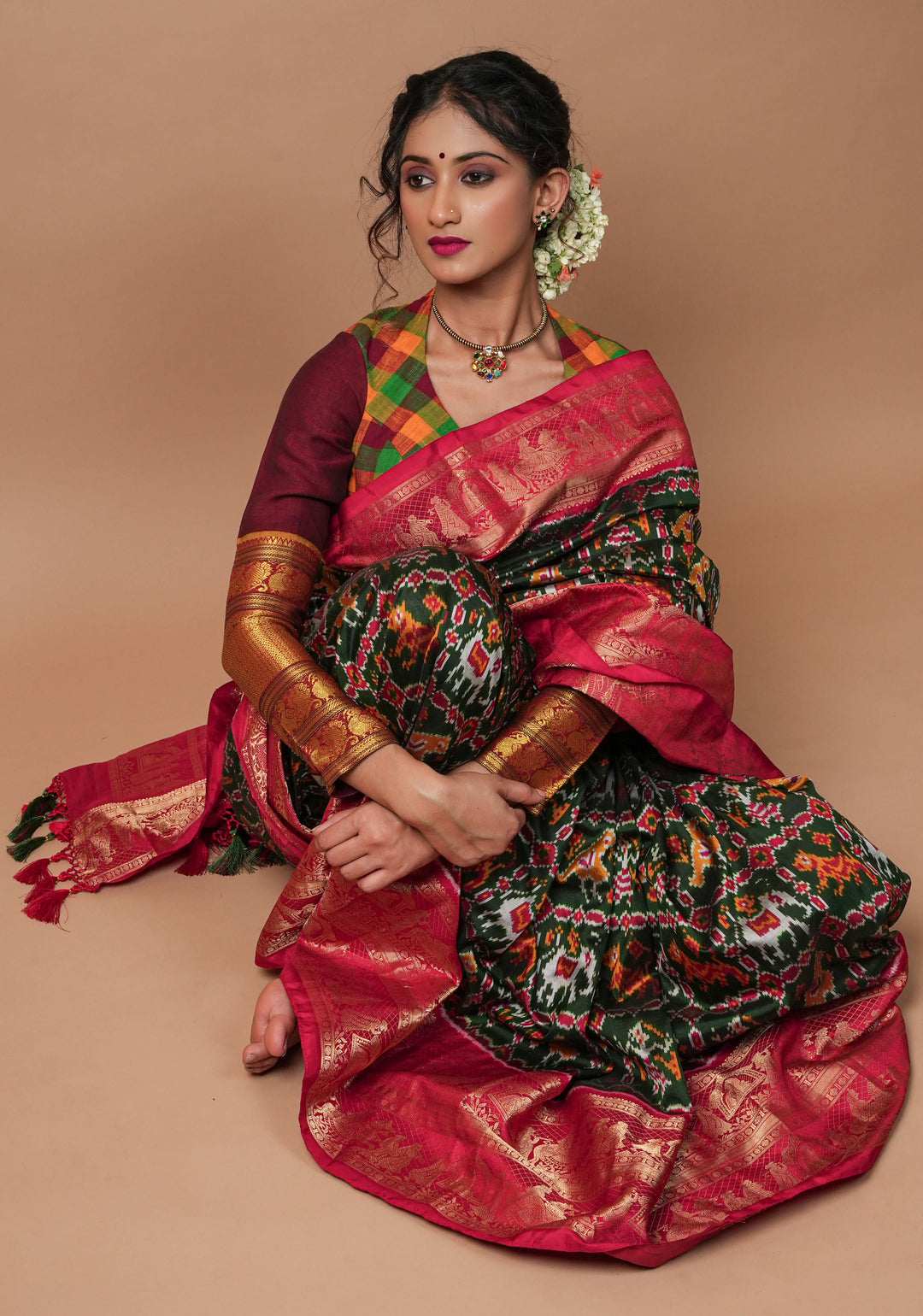 Exquisite Ikkat Kanjivaram Fusion Silk Saree in Deep Green with Grand Pallu and Wide Zari Border | SILK MARK CERTIFIED