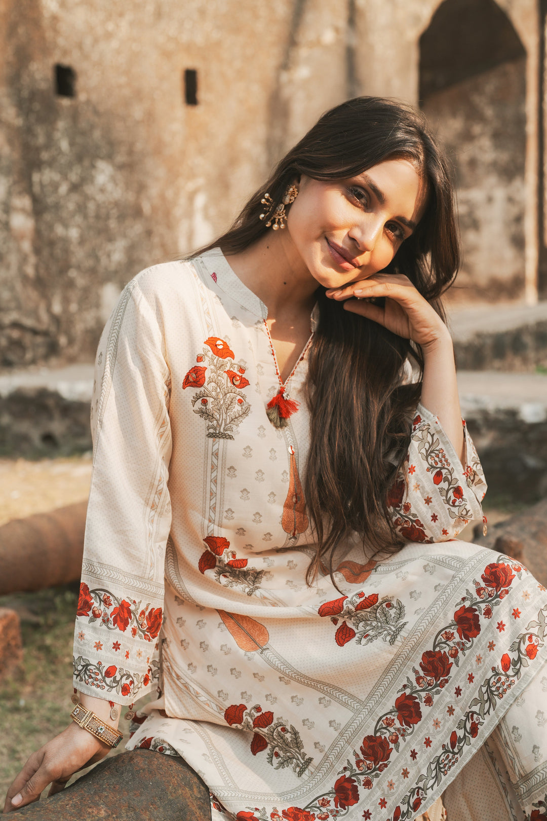 Red and Yellow Mughal Print Muslin Kurta Pant Coord Set-SET OF-2 | SHOBITAM