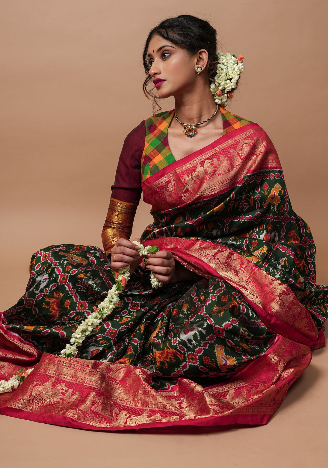 Exquisite Ikkat Kanjivaram Fusion Silk Saree in Deep Green with Grand Pallu and Wide Zari Border | SILK MARK CERTIFIED