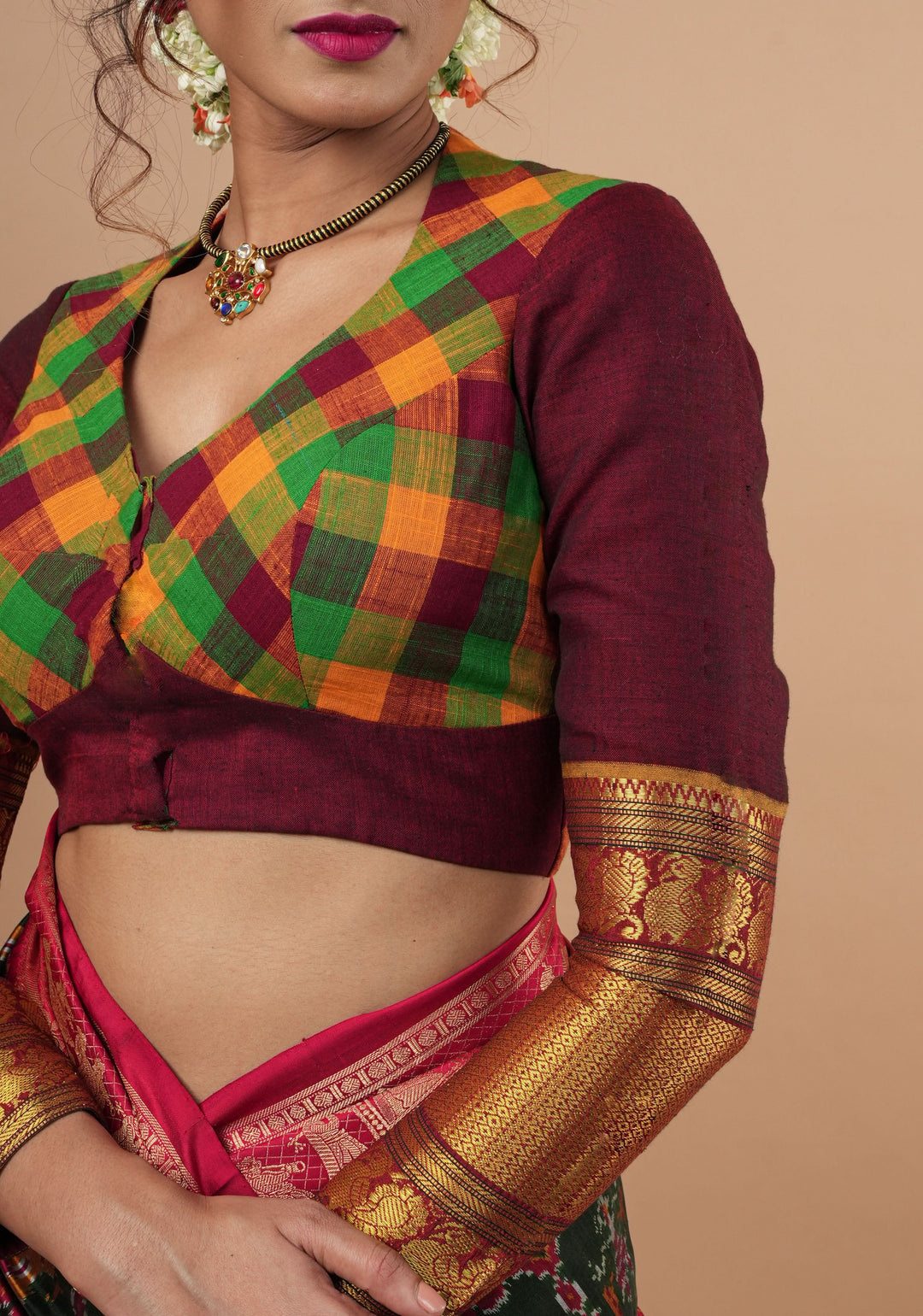 Madras Cotton  checks goblet neck blouse with zari sleeves and tie back