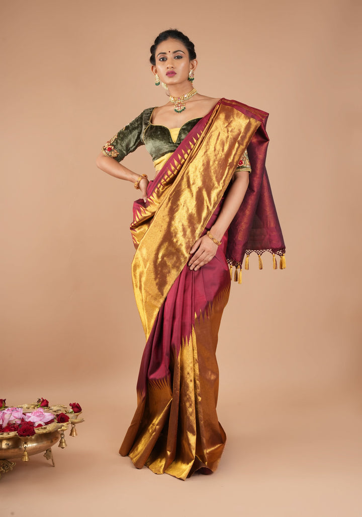 Celebrity design Rising Border Kanjivaram Pure Silk Saree in Maroon, Zari Border | SILK MARK CERTIFIED