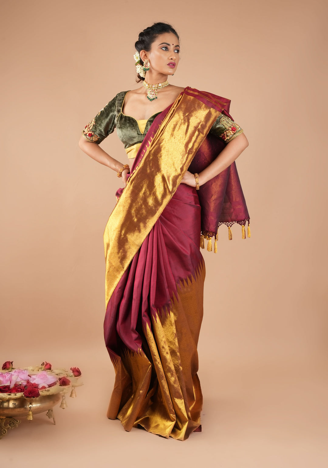 Celebrity design Rising Border Kanjivaram Pure Silk Saree in Maroon, Zari Border | SILK MARK CERTIFIED