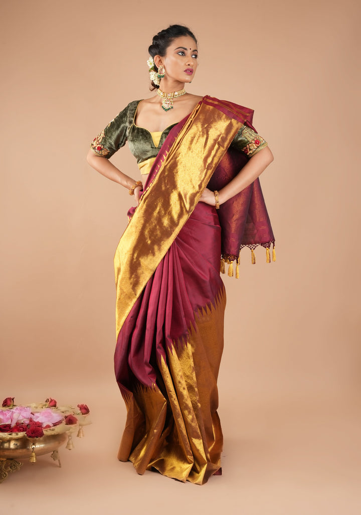 Celebrity design Rising Border Kanjivaram Pure Silk Saree in Maroon, Zari Border | SILK MARK CERTIFIED