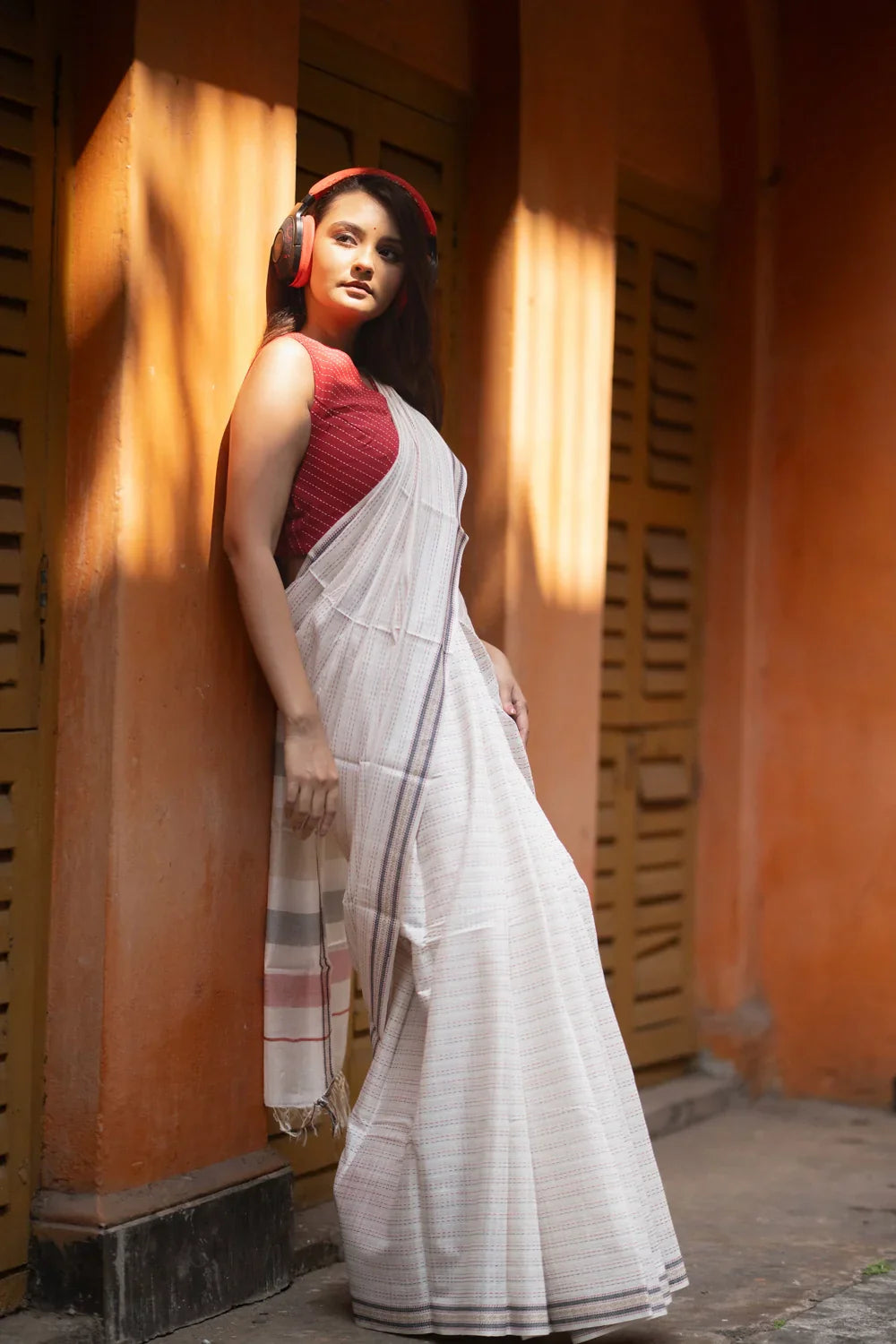 Handloom White Multi Colour Pure Cotton Kantha Stripes Saree | SHOBITAM