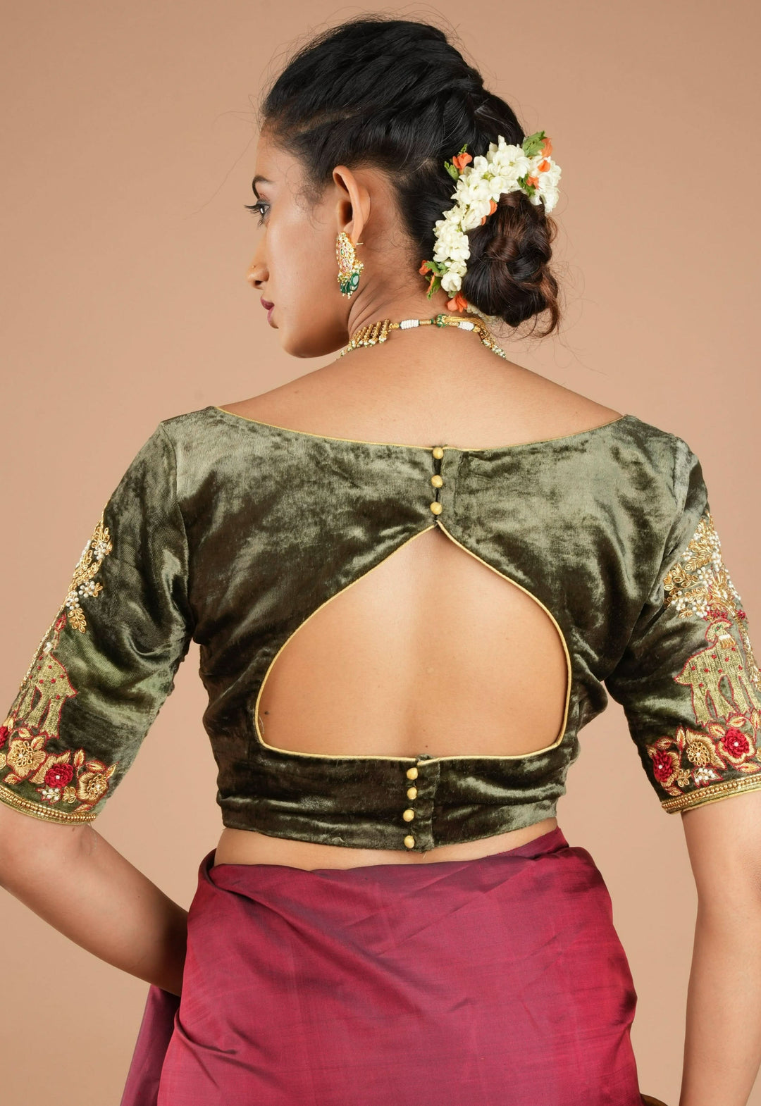 Patina Gray Velvet Blouse with Zardosi Meenakari Handwork, Mix and Match Blouse for Saree and Lehenga, Customizable, Made to Order | SHOBITAM