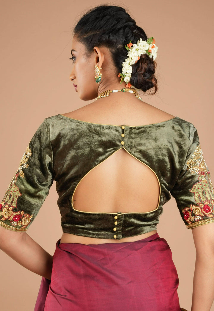 Patina Gray Velvet Blouse with Zardosi Meenakari Handwork, Mix and Match Blouse for Saree and Lehenga, Customizable, Made to Order | SHOBITAM