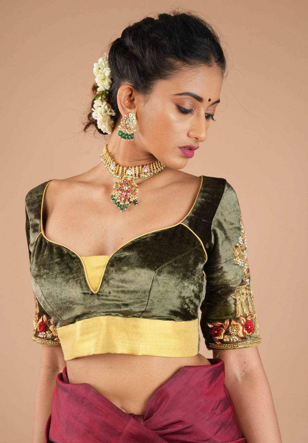 Patina Gray Velvet Blouse with Zardosi Meenakari Handwork, Mix and Match Blouse for Saree and Lehenga, Customizable, Made to Order