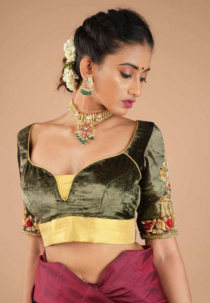 Patina Gray Velvet Blouse with Zardosi Meenakari Handwork, Mix and Match Blouse for Saree and Lehenga, Customizable, Made to Order