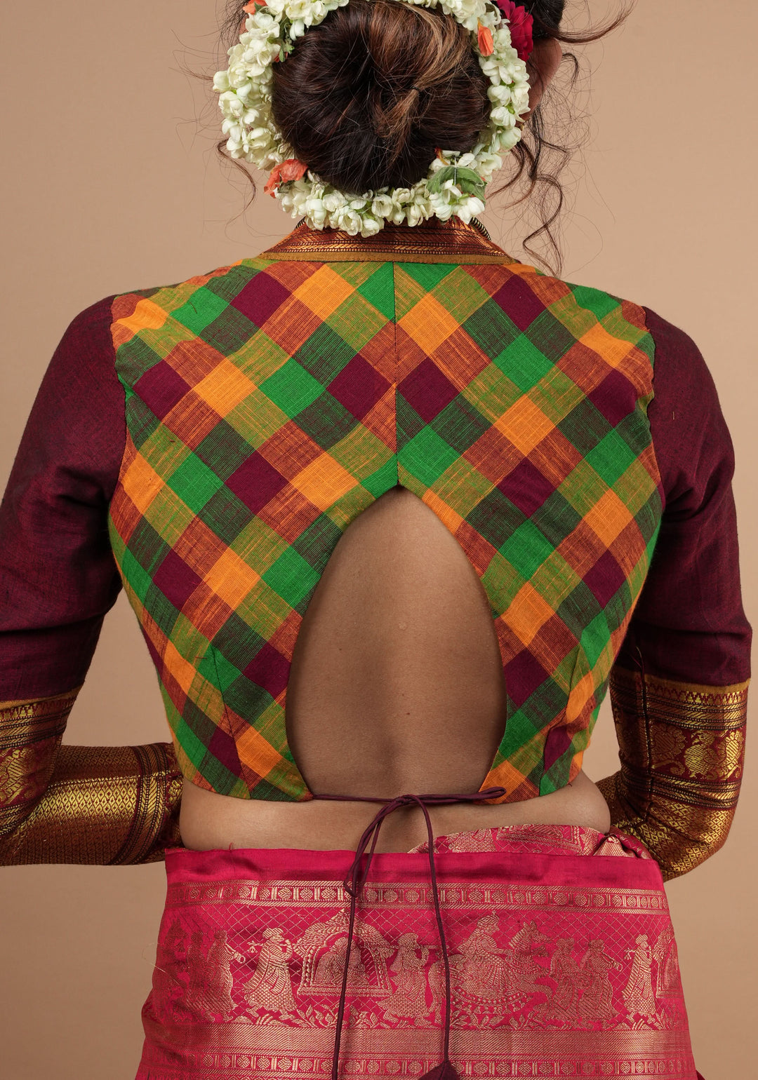 Madras Cotton  checks goblet neck blouse with zari sleeves and tie back