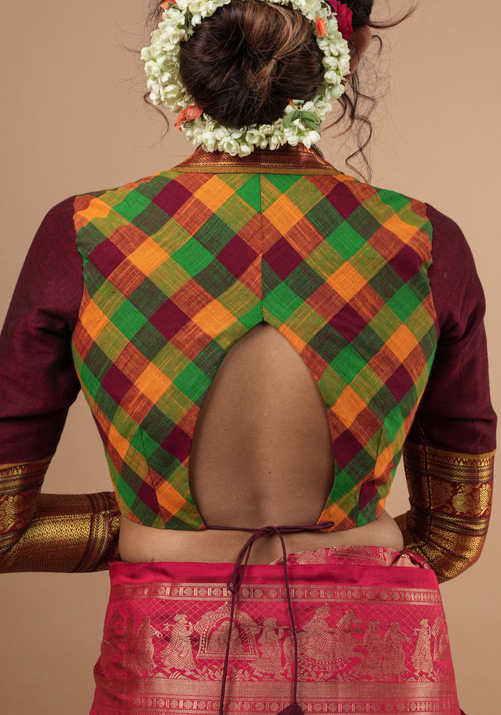 Madras Cotton  checks goblet neck blouse with zari sleeves and tie back