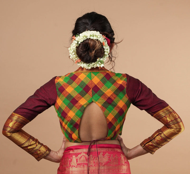 Madras Cotton  checks goblet neck blouse with zari sleeves and tie back