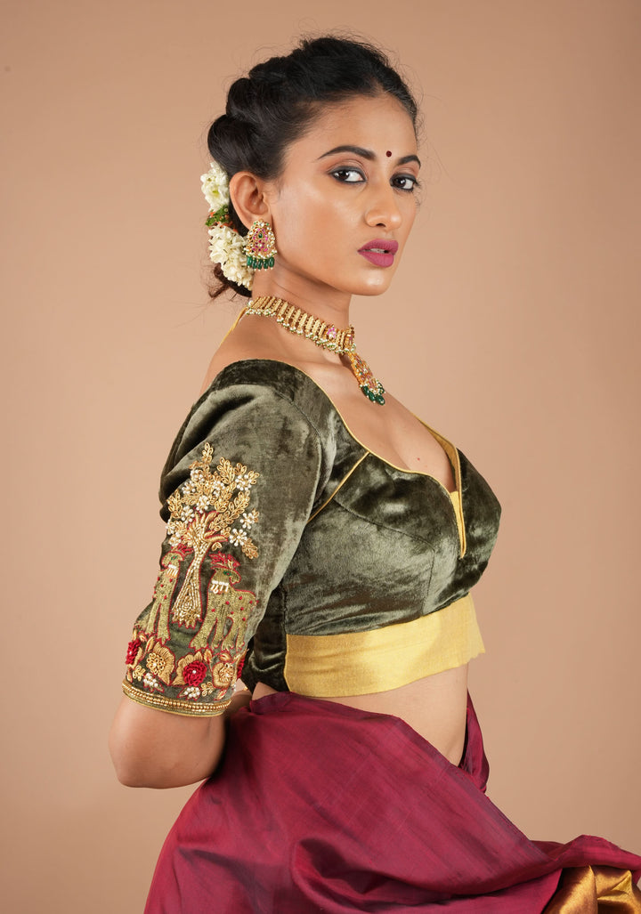 Patina Gray Velvet Blouse with Zardosi Meenakari Handwork, Mix and Match Blouse for Saree and Lehenga, Customizable, Made to Order