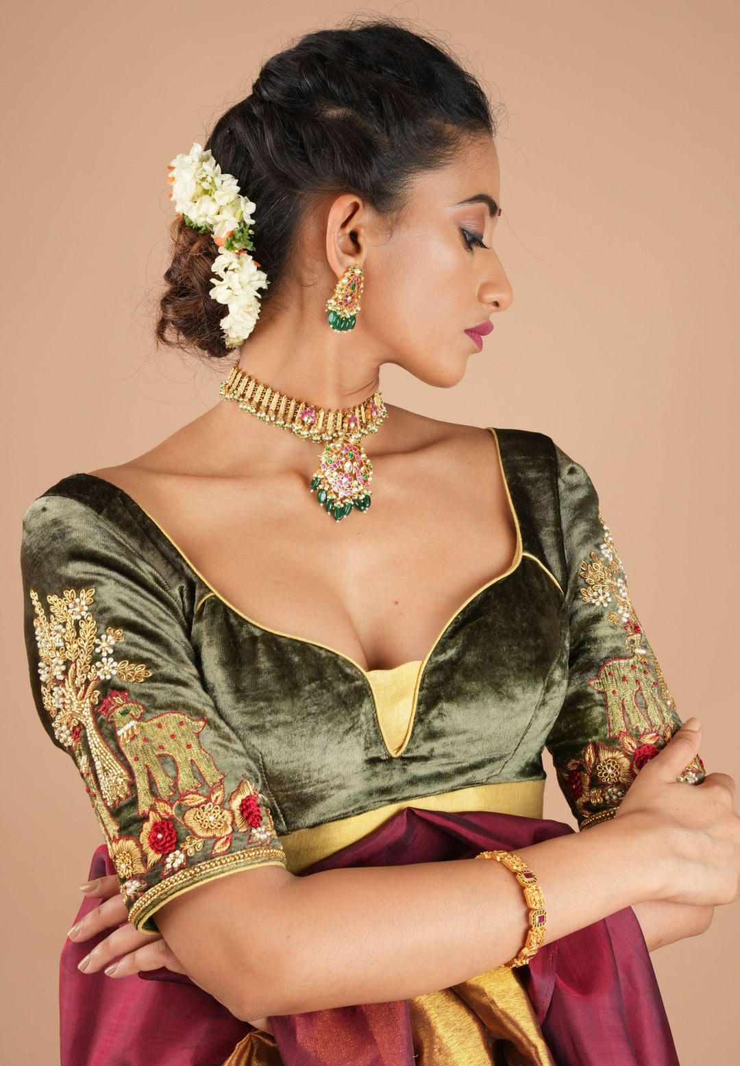 Patina Gray Velvet Blouse with Zardosi Meenakari Handwork, Mix and Match Blouse for Saree and Lehenga, Customizable, Made to Order | SHOBITAM