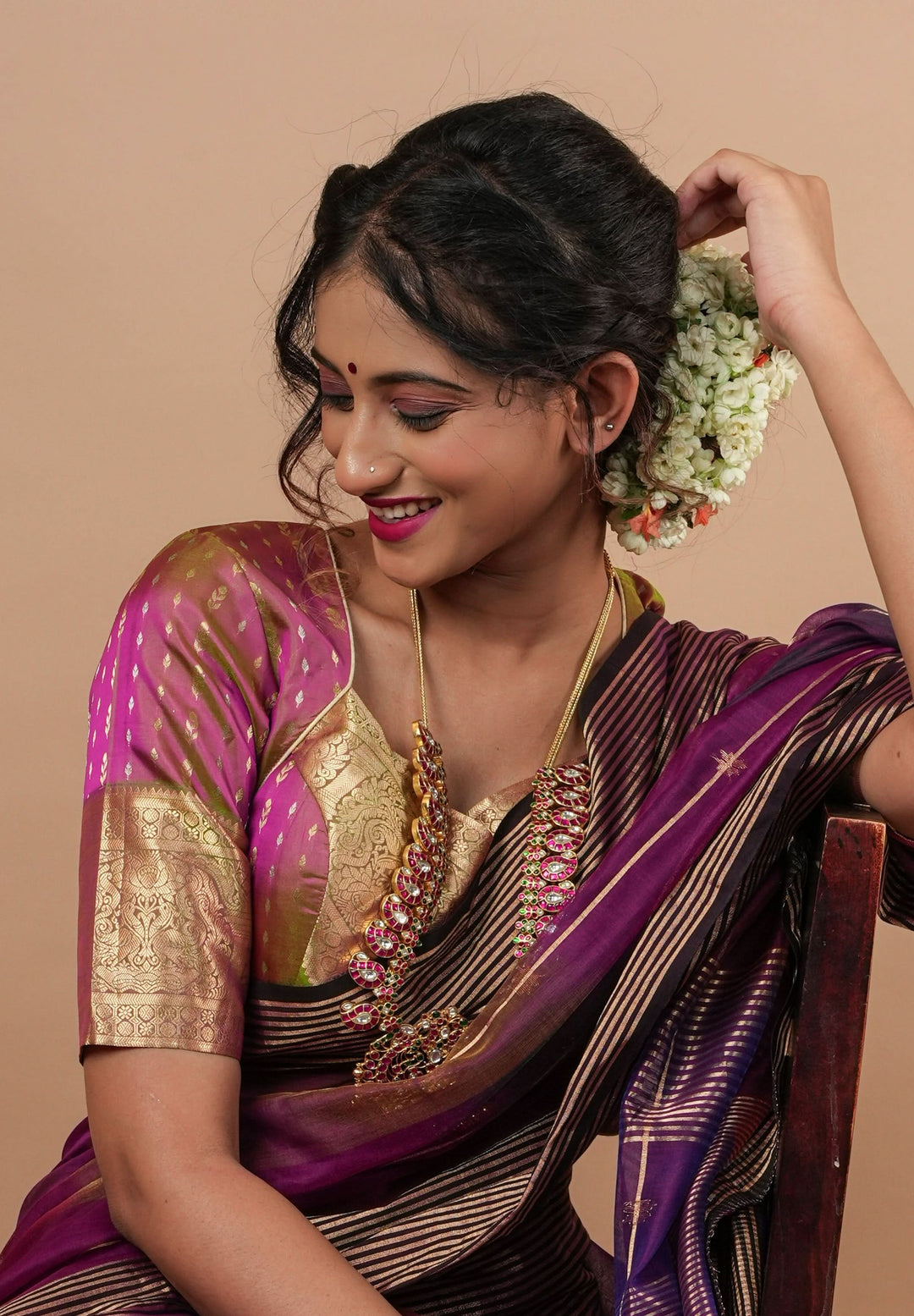 Mustard Pink Banarasi Buti Blouse with Zari Yoke Detailing, Made to Order