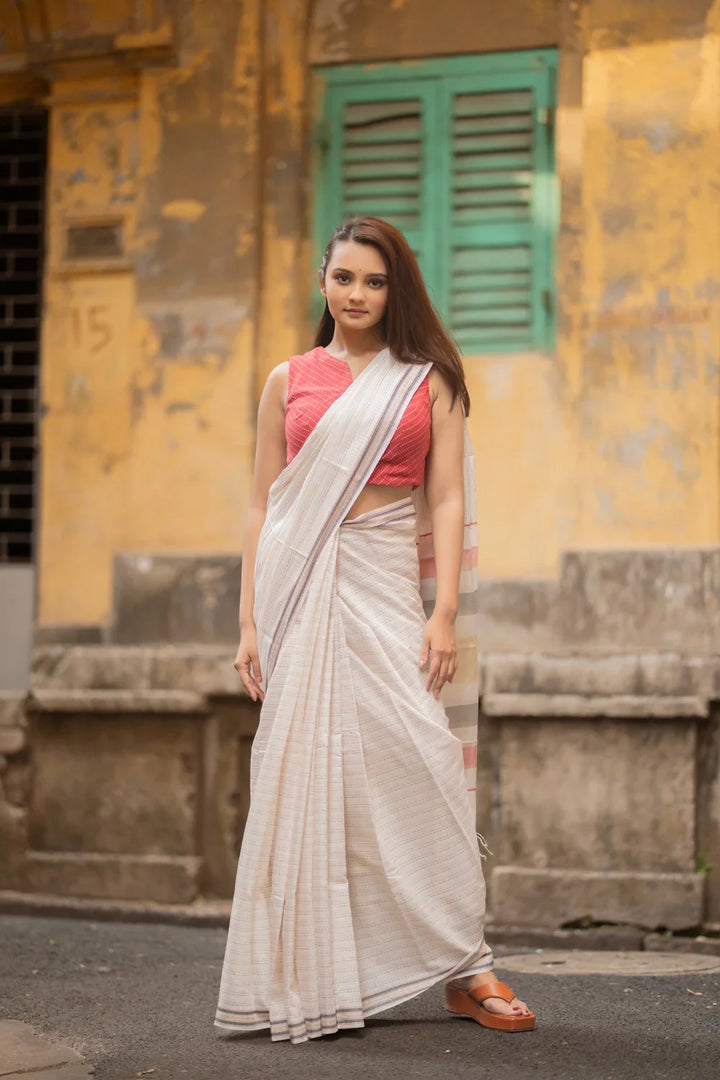 Handloom White Multi Colour Pure Cotton Kantha Stripes Saree | SHOBITAM