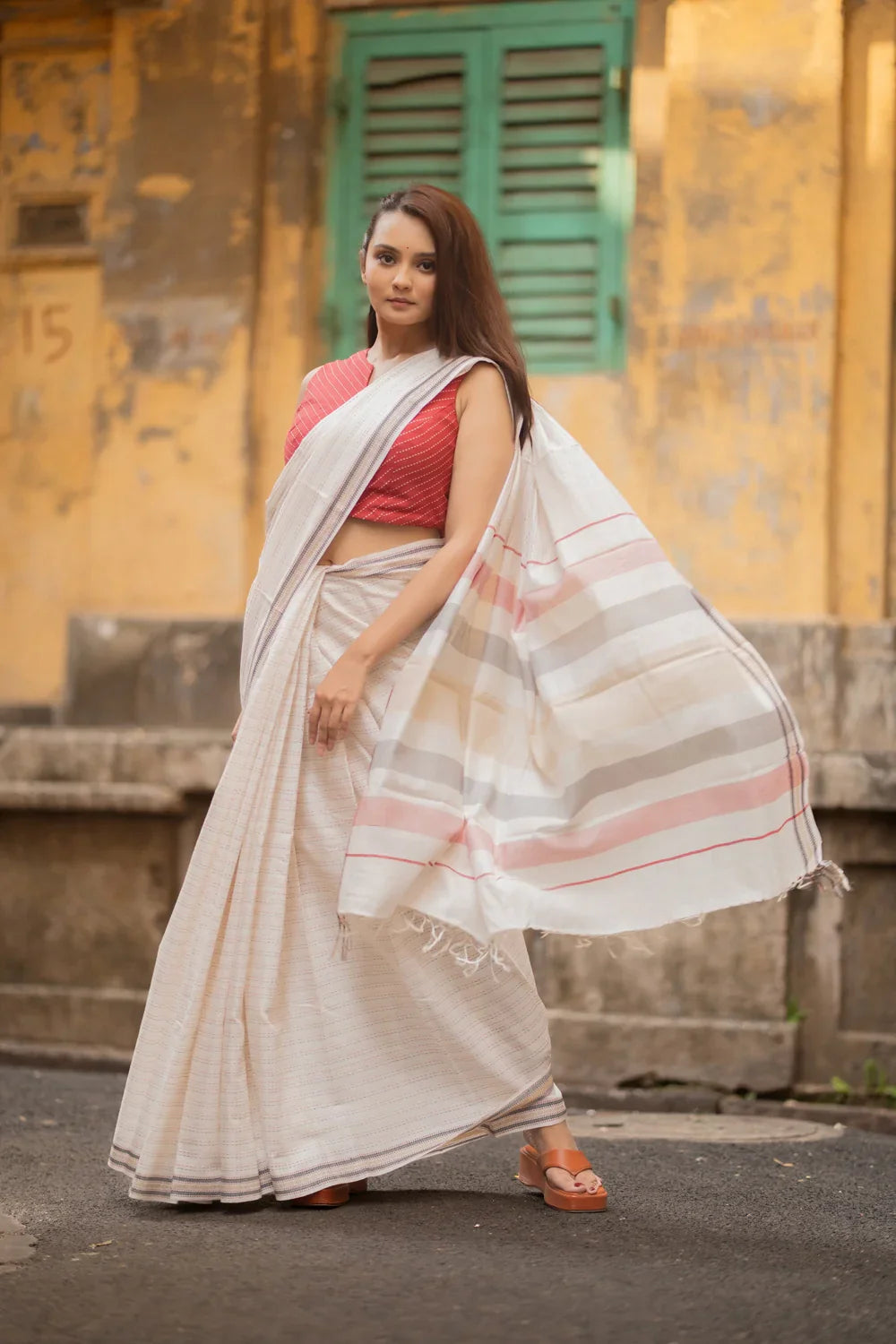 Handloom White Multi Colour Pure Cotton Kantha Stripes Saree | SHOBITAM