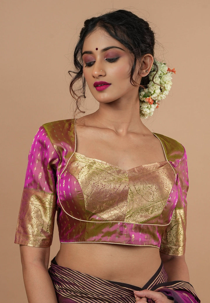 Mustard Pink Banarasi Buti Blouse with Zari Yoke Detailing, Made to Order