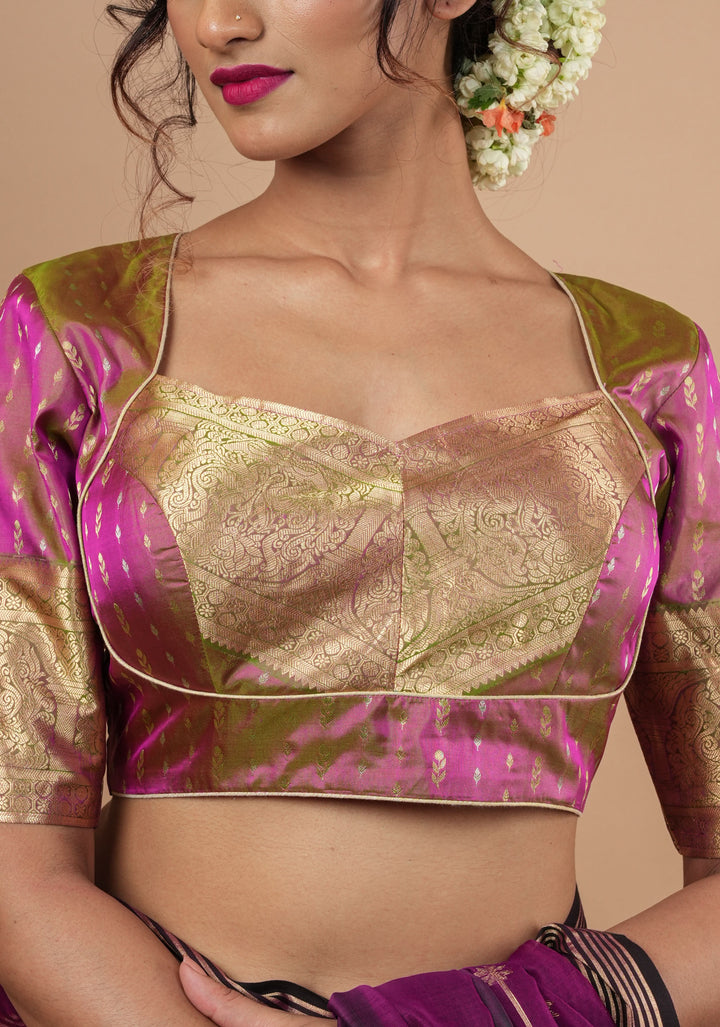 Mustard Pink Banarasi Buti Blouse with Zari Yoke Detailing, Made to Order