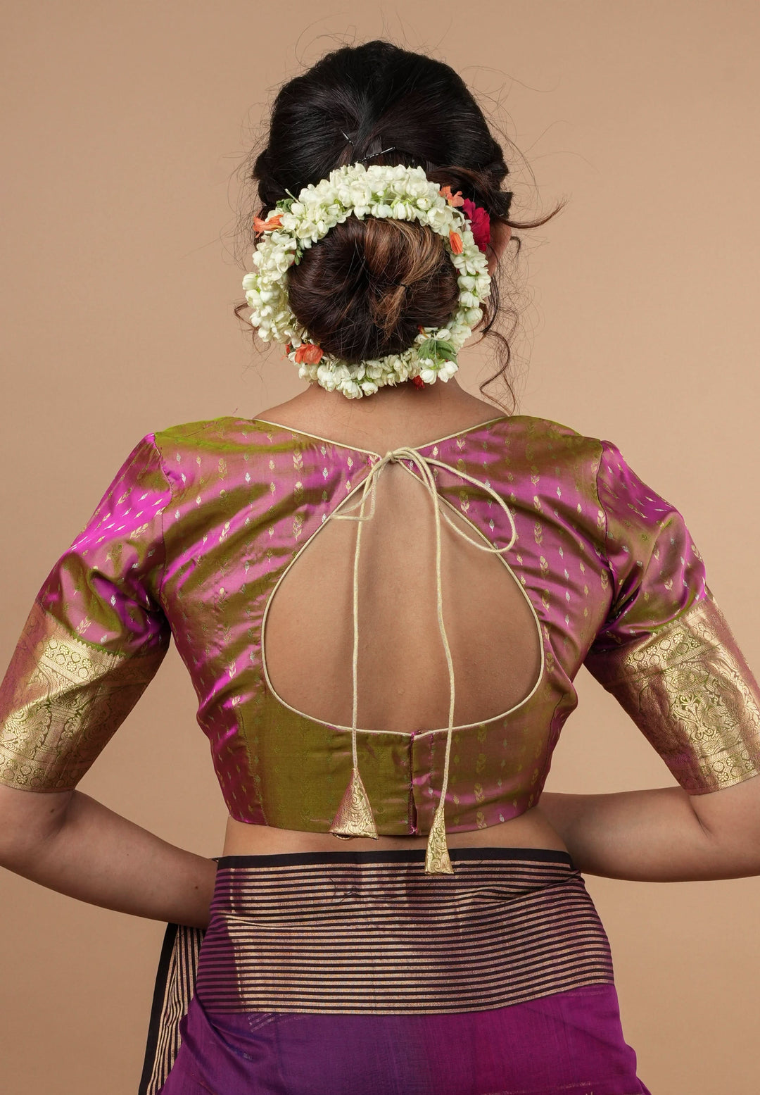 Mustard Pink Banarasi Buti Blouse with Zari Yoke Detailing, Made to Order