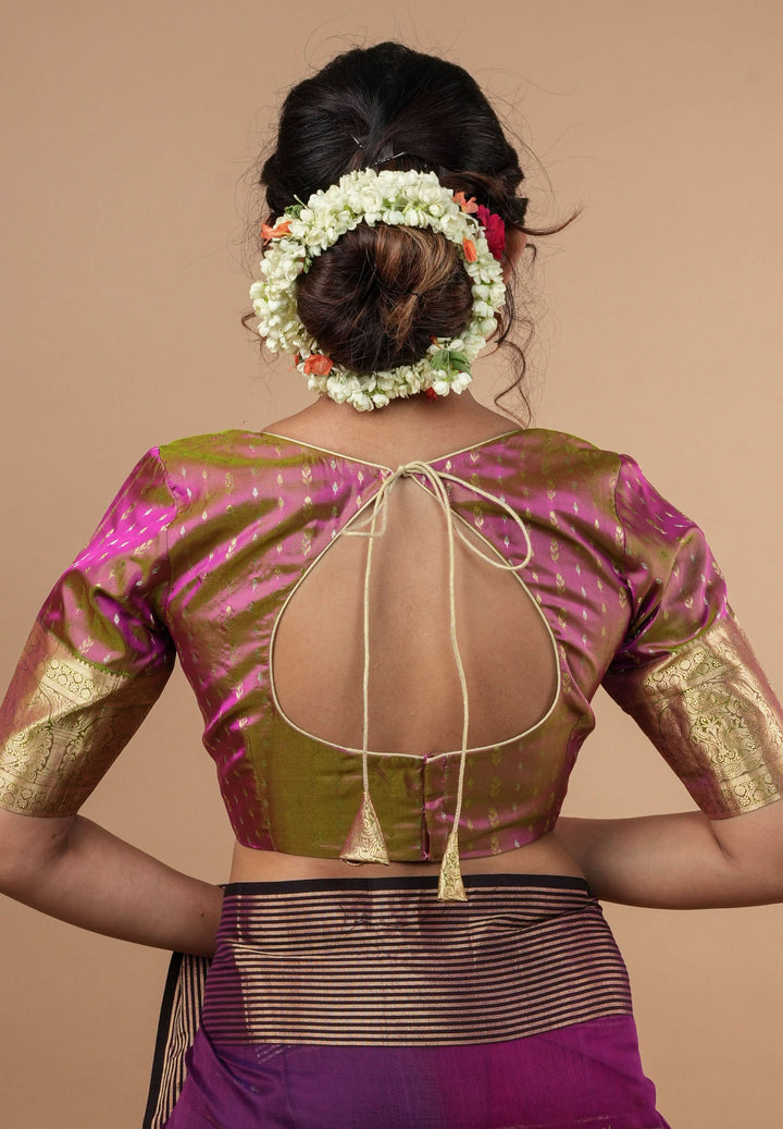 Mustard Pink Banarasi Buti Blouse with Zari Yoke Detailing, Made to Order