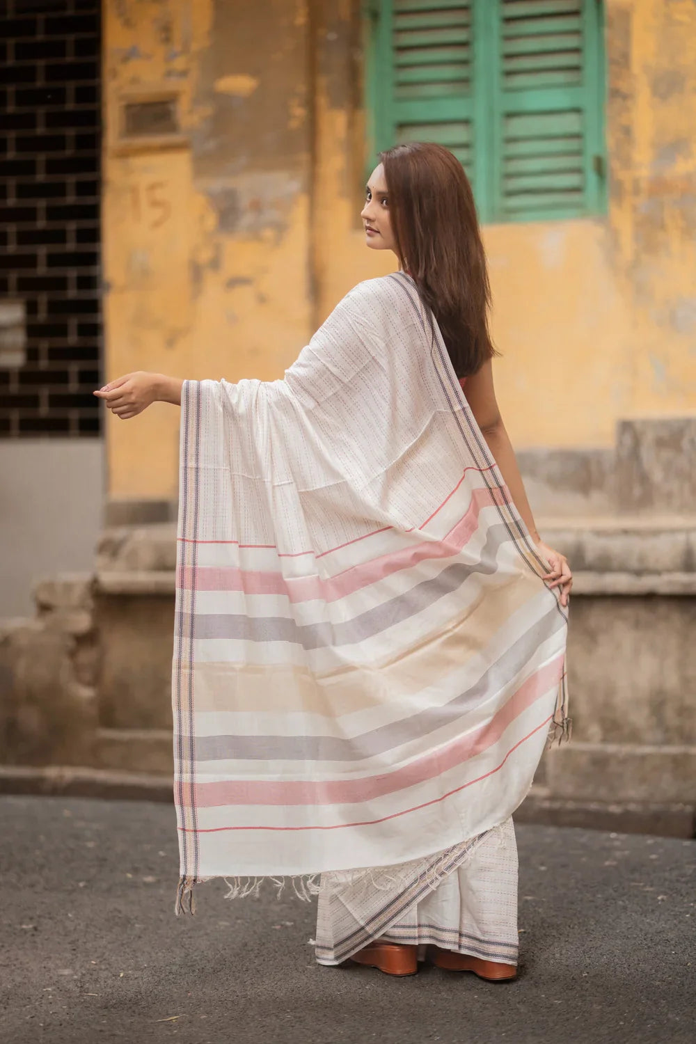 Handloom White Multi Colour Pure Cotton Kantha Stripes Saree | SHOBITAM