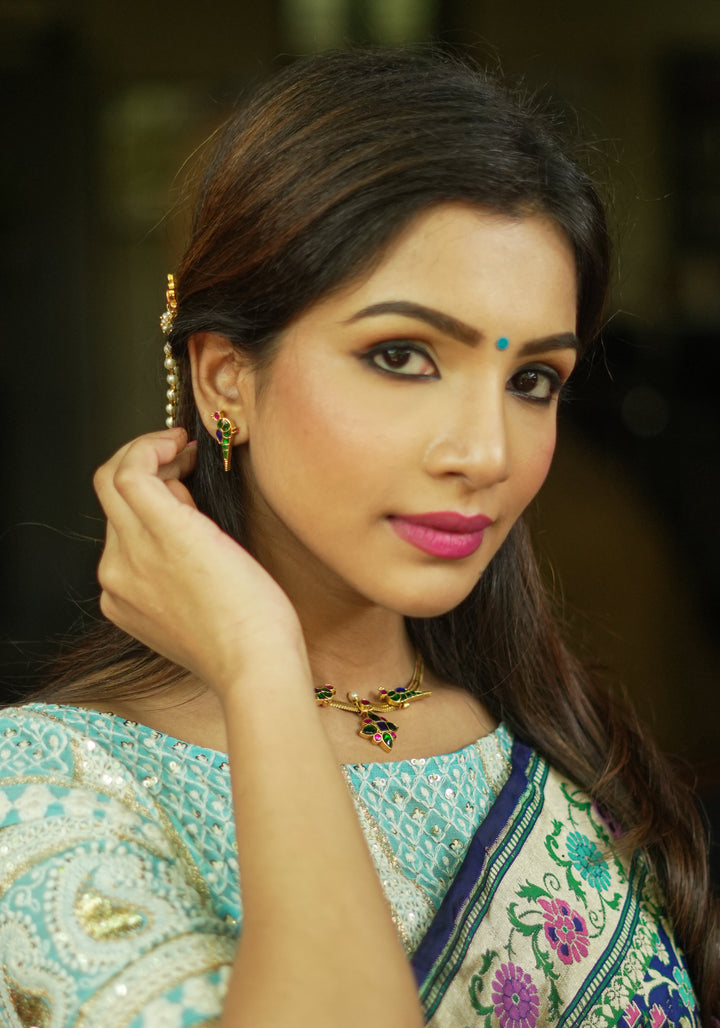 Multicolor stone Twin Peacock and Floral Minimalistic Ethnic Necklace and Earrings | Shobitam  Jewelry
