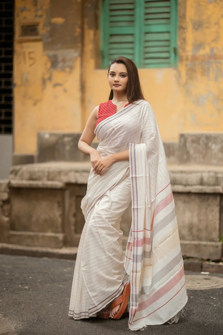 Handloom White Multi Colour Pure Cotton Kantha Stripes Saree | SHOBITAM