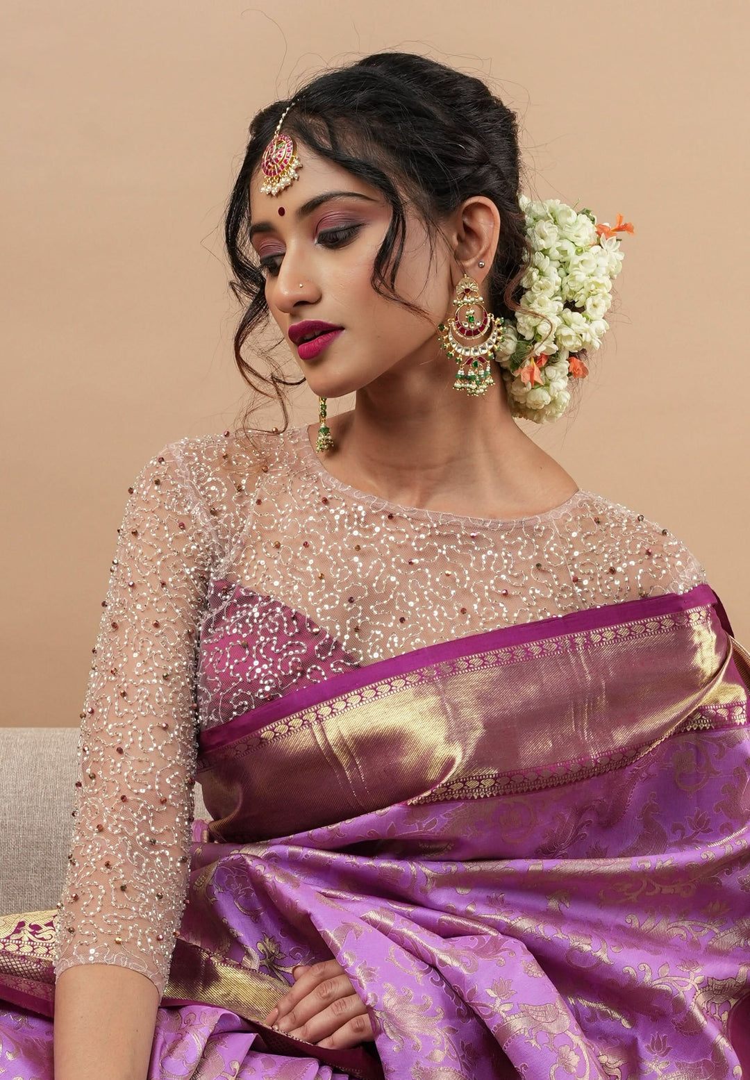 Illusion Neck Blouse with 3/4th sleeves with Heavy Cutdana and Sequins in Ivory and Plum, Made to Order
