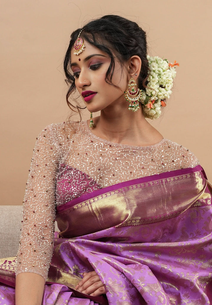 Illusion Neck Blouse with 3/4th sleeves with Heavy Cutdana and Sequins in Ivory and Plum, Made to Order