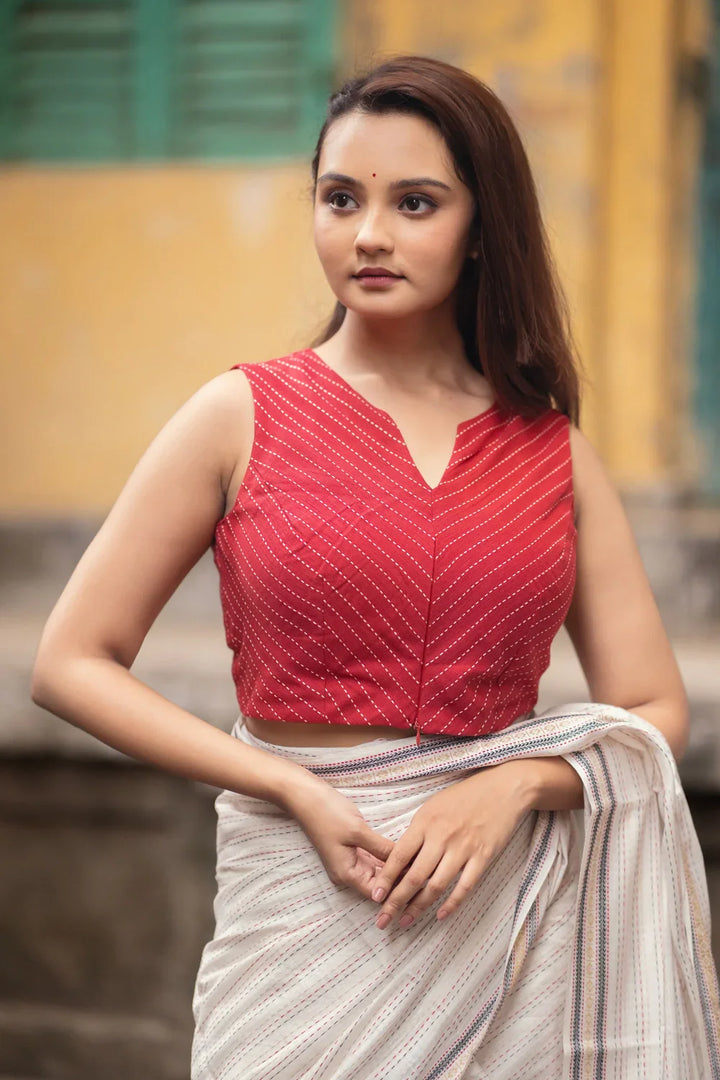 Brick Red Raga Woven Stripes Blouse | SHOBITAM