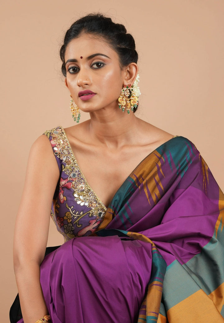 Purple Pure Pen Kalamkari Sleeveless Blouse with Mirror and Cutdana handworked embellishments, customizable, made-to-order