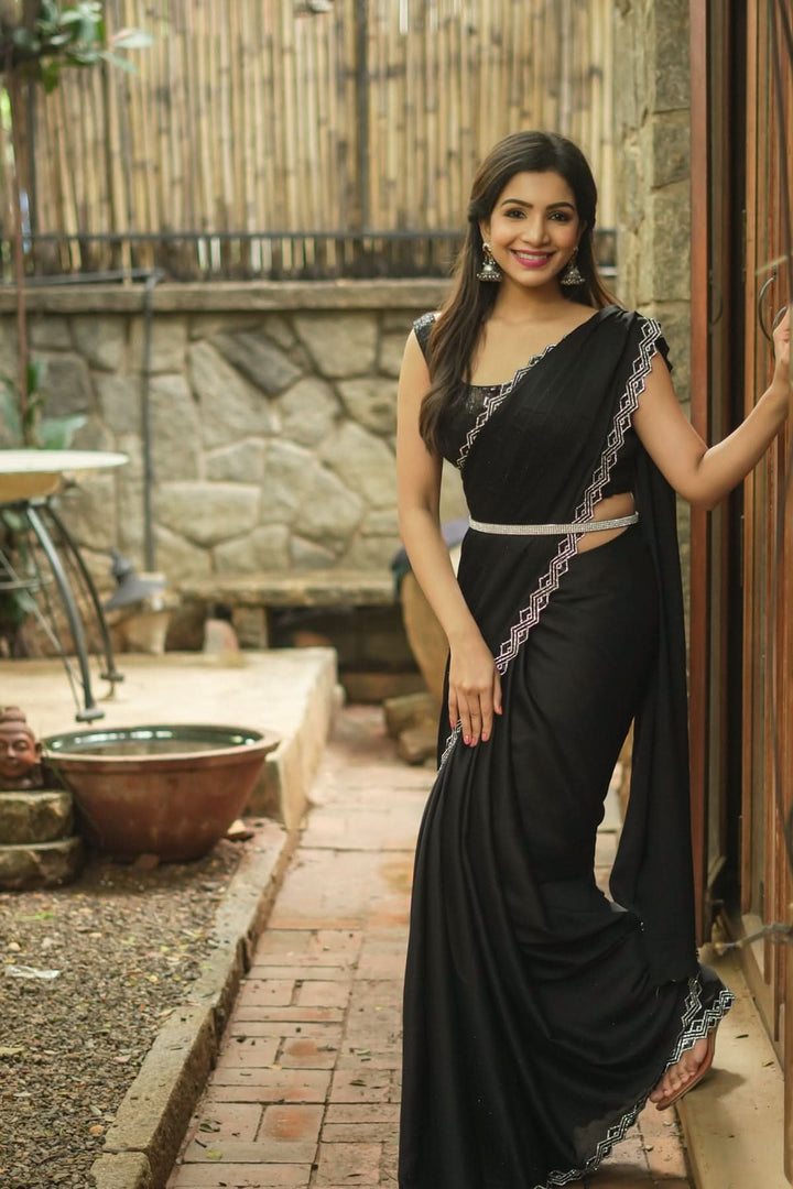 Shamoo Satin Silk saree in Black with elegant crystal work