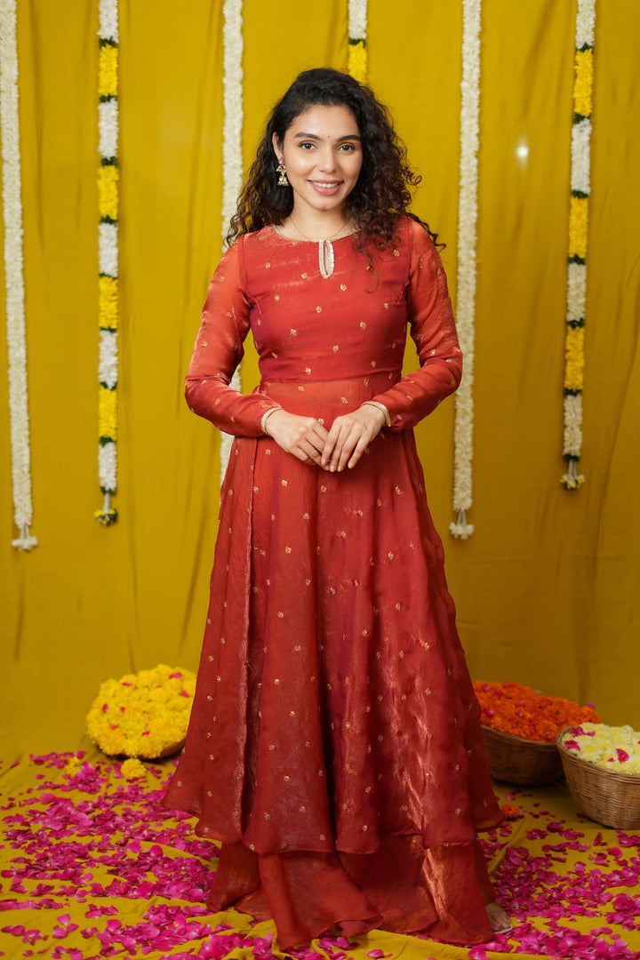 Pirainila Rust Orange Anarkali Kurta (Set of 2) | SHOBITAM