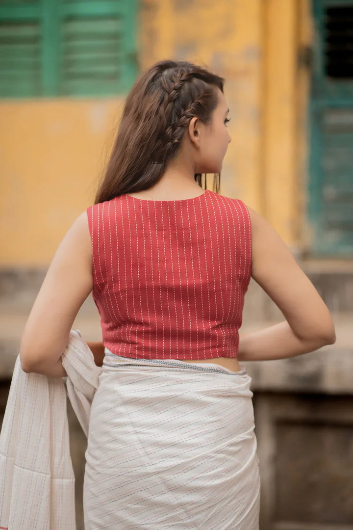 Brick Red Raga Woven Stripes Blouse | SHOBITAM