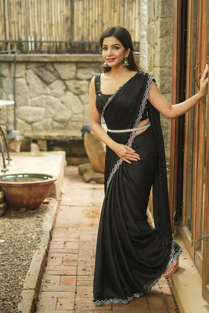 Shamoo Satin Silk saree in Black with elegant crystal work