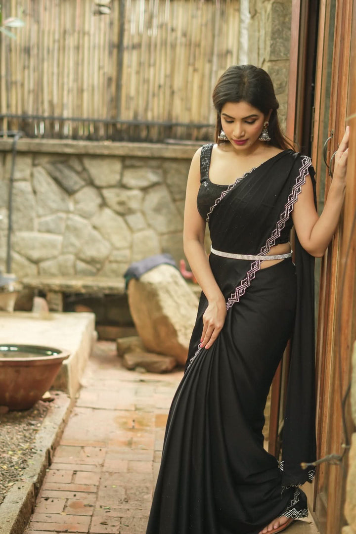 Shamoo Satin Silk saree in Black with elegant crystal work