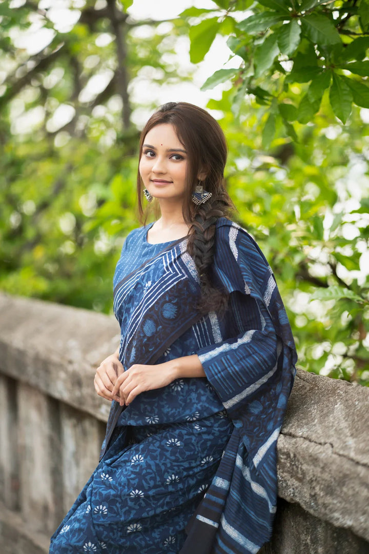 Indigo Blue Floral Hand Block Print Saree | SHOBITAM